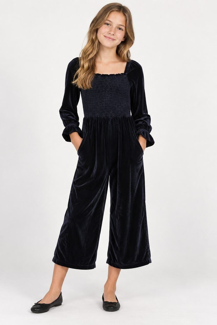 Janie And Jack Girl's Navy Velvet Smocked Jumpsuit US 12
